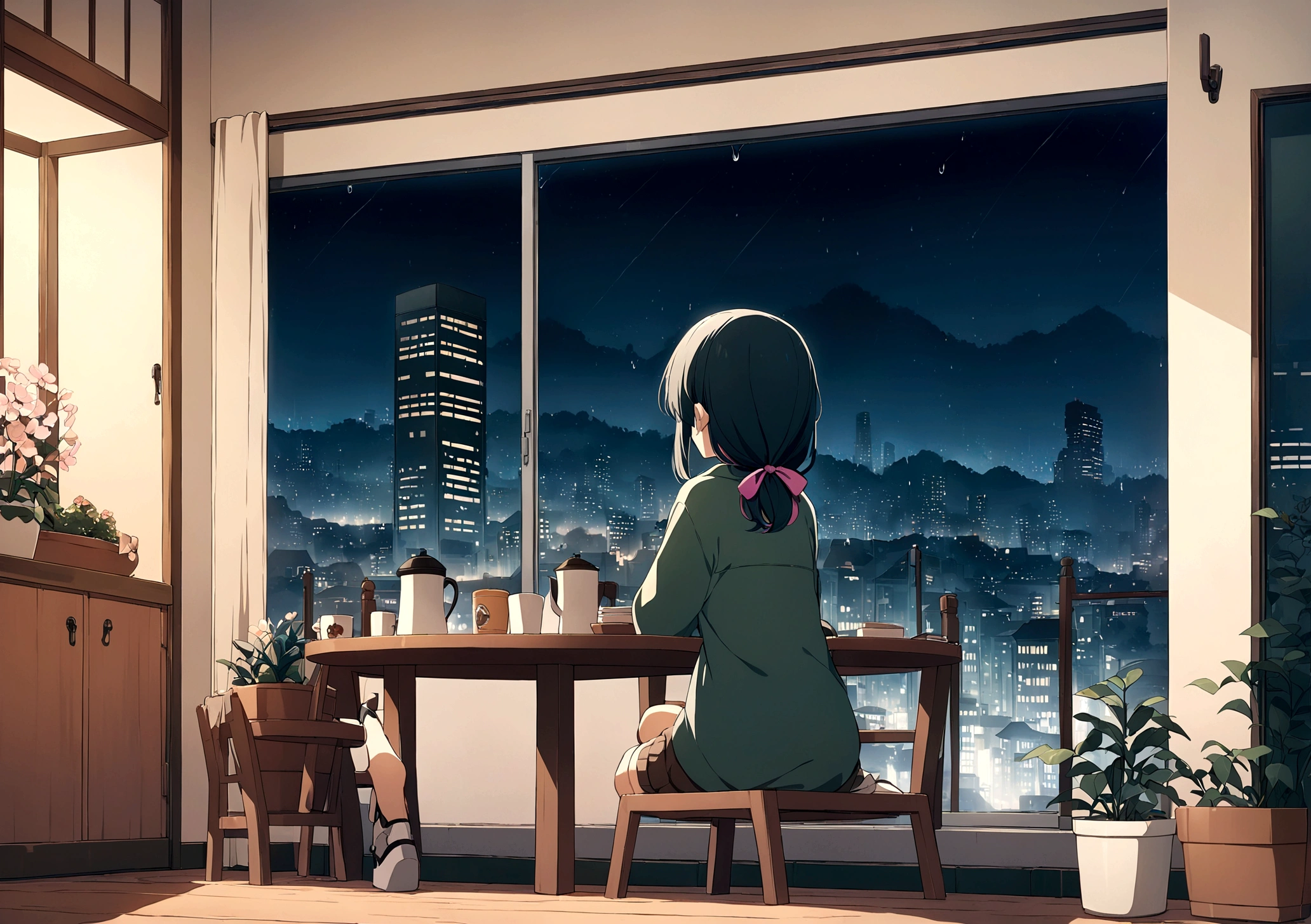 Window side,coffee,Distant city view, Beautiful Anime scene, Beautiful cityscape, Anime Background art, beautiful Anime Scenery, Awesome Wallpapers, Anime Scenery, Anime Background, Balcony scene, Landscape painting, Night view, Beautiful Wallpapers, anime beautiful peace , Anime movie background, HD anime cityscape, Urban Background, Beautiful Anime, Highest quality, no one can see, at night, it&#39;s raining, Raindrops, Flower pots and plants on the balcony, Lantern on the table。I can see the flames inside。, A comfortable balance, Overlooking the Japanese city,chill,coffee 情報,Ghibli Art