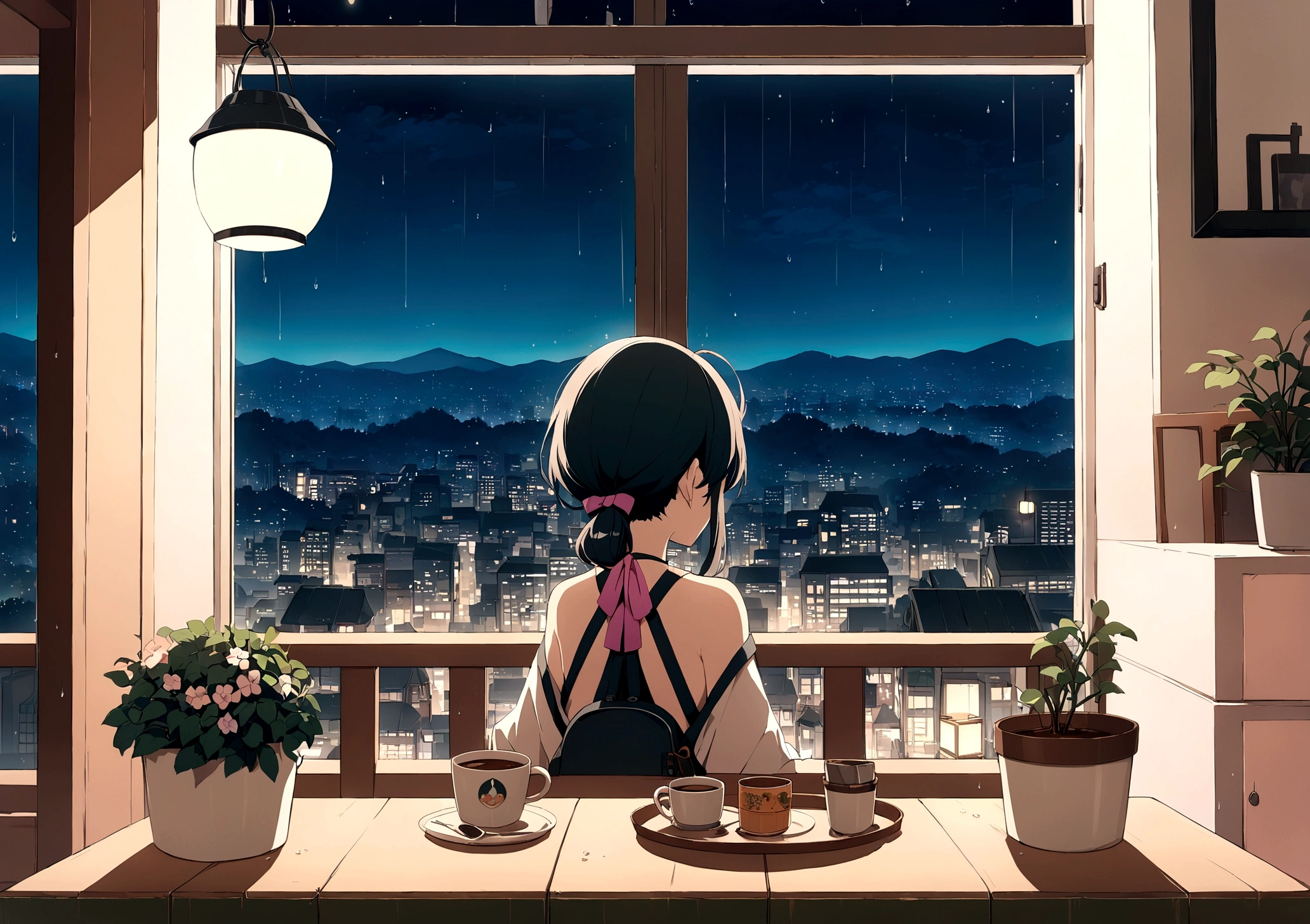 Window side,coffee,Distant city view, Beautiful Anime scene, Beautiful cityscape, Anime Background art, beautiful Anime Scenery, Awesome Wallpapers, Anime Scenery, Anime Background, Balcony scene, Landscape painting, Night view, Beautiful Wallpapers, anime beautiful peace , Anime movie background, HD anime cityscape, Urban Background, Beautiful Anime, Highest quality, no one can see, at night, it&#39;s raining, Raindrops, Flower pots and plants on the balcony, Lantern on the table。I can see the flames inside。, A comfortable balance, Overlooking the Japanese city,chill,coffee 情報,Ghibli Art