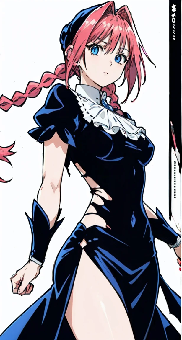 masterpiece, Highest quality,High resolution,Dorothy, Pink Hair、Bright Blue Eyes、Big black eyes、Braiding, Black Dress、Cowboy Shot、Line art、Pencil drawing、comics、alone、One、Torn clothes、