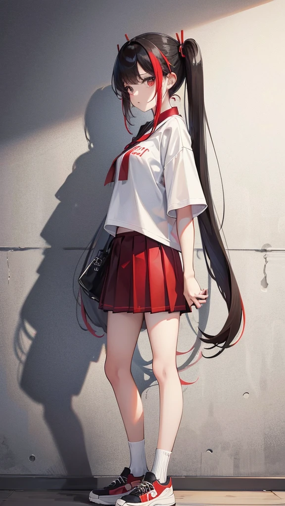 Girl in shorts (pleated yoke skirt), clothes red and black, Twin-Tail hair white and red, in a beautiful inscription on the wall background. Full length 2D wallpaper.