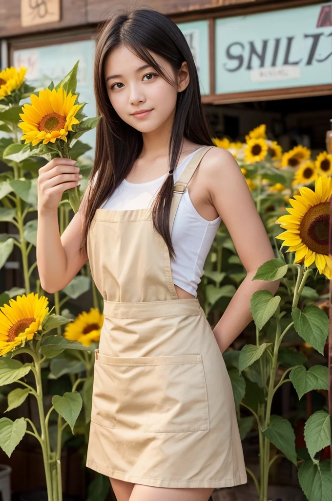 A 20-year-old girl working at a flower shop(Wearing a miniskirt and apron)have a sunflower