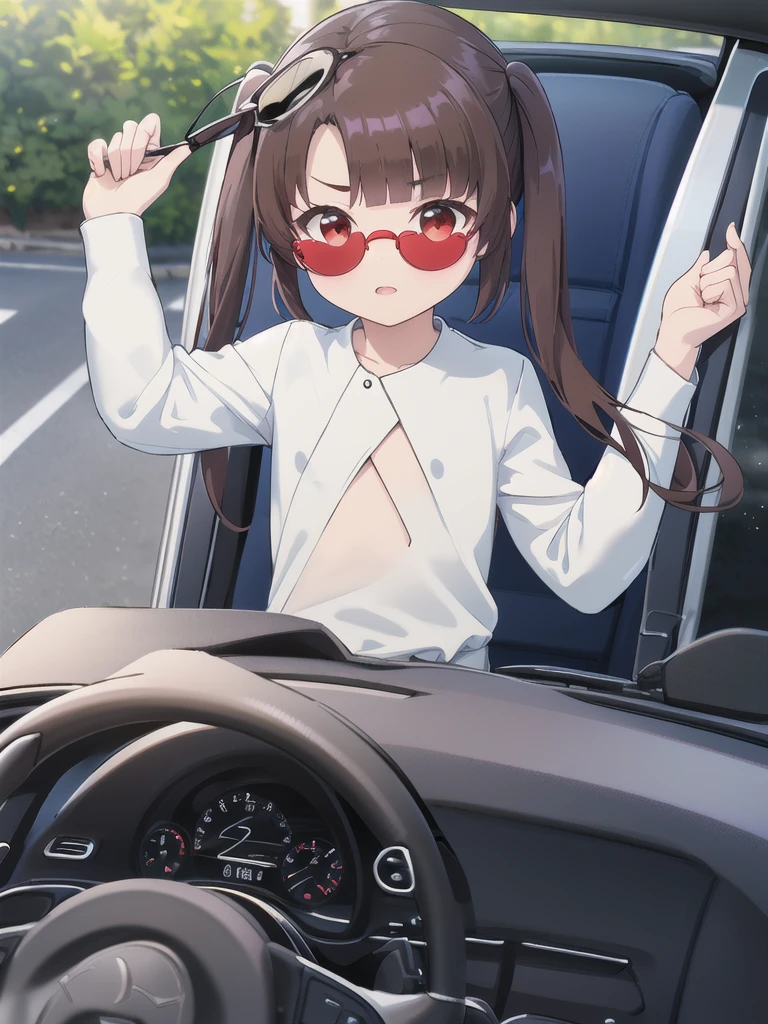 In the car,Convertible,Sitting,((Behind the wheel of a car)),Looking Ahead,driving,1 Girl, 独奏, Red eyes,((Wearing sunglasses)),, Twin tails, brown hair,crawling,((顔 focus)),upper body,White long sleeve shirt,Grey slacks, bangs, eyebrows visible through hair, Flat Chest,