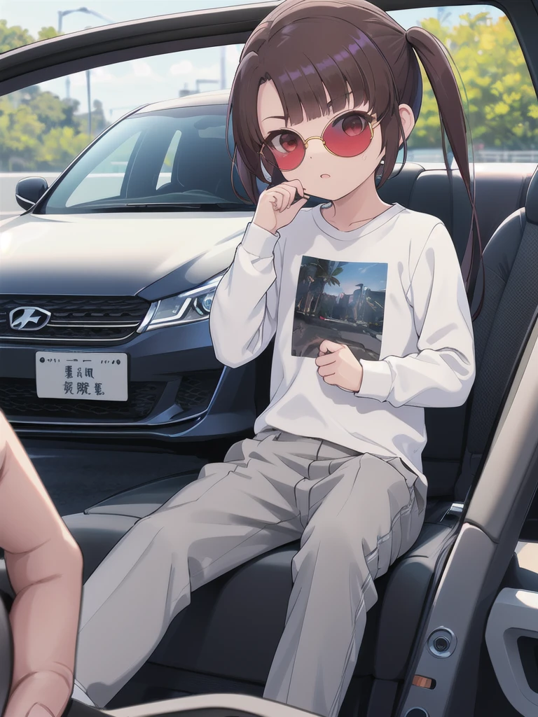 In the car,Convertible,Sitting,((Behind the wheel of a car)),Looking Ahead,driving,1 Girl, 独奏, Red eyes,((Wearing sunglasses)),, Twin tails, brown hair,crawling,((顔 focus)),upper body,White long sleeve shirt,Grey slacks, bangs, eyebrows visible through hair, Flat Chest, 