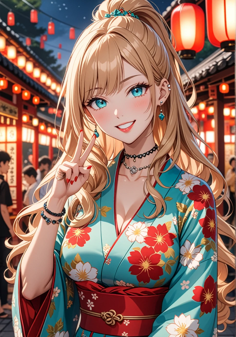 ((One personの女性)), Beautiful Face, (Laughing embarrassedly), ((smirk:1.1)), ((Wink:1.1)), (head tilt:1.3), Laugh with your mouth wide open, upper teeth, looking at viewer, ((Bright red cheeks:1.6)),Glossy Red Lips, ((Big Breasts:1.2)) evening, Shrine festival stalls, Glossy red lips, Shining Face, ((Anime style background)),masterpiece, Highest quality, so beautiful,up to date, Complex details, (Pink long nails), (nail art), (ring),(bracelet), (helix piercing:1.6), (Floral choker),AI-generated, Complex,High resolution, Highest quality, super high quality,3D Images、3D Images,One person,Blonde long hair,(High Ponytail), (wavy hair), Anime woman posing for a photo, ((Fine grain、Turquoise Eyes、Shining Eyes:1.3)), (Squint your eyes:1.1),a hyperRealistic , hyperRealistic , Realistic,Long and blonde anime woman, Smooth anime CG art, Pink large floral patternの刺繍が入った、Woman in luxurious kimono, (White long sleeve kimono),(Pink large floral pattern) ,Long flower hair ornament,Earrings,Mature Body, Tall,Abdominal muscles,Tight waist, ((making a peace sign)), (front view),