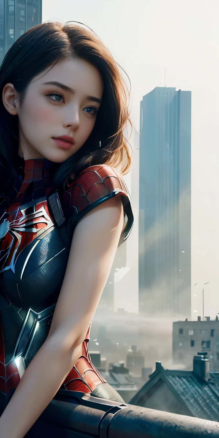 (1girl:1.3), Solo, (((Very detailed face)))), ((Very detailed eyes and face)))), Beautiful detail eyes, Body parts__, Official art, Unified 8k wallpaper, Super detailed, beautiful and beautiful, beautiful, masterpiece, best quality, original, masterpiece, super fine photo, best quality, super high resolution, realistic realism, sunlight, full body portrait, amazing beauty, dynamic pose, delicate face, vibrant eyes, (from the front), She wears Spider-Man suit, red and black color scheme, spider, very detailed city roof background, rooftop, overlooking the city, detailed face, detailed complex busy background, messy, gorgeous, milky white, highly detailed skin, realistic skin details, visible pores, clear focus, volumetric fog, 8k uhd, DSLR, high quality, film grain, fair skin, photo realism, lomography, futuristic dystopian megalopolis, translucent