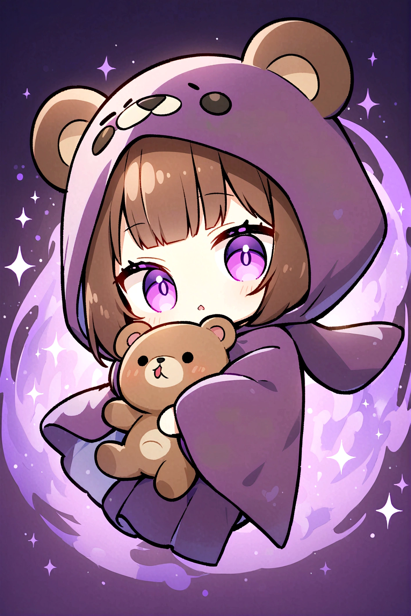 Brown Hair、Wearing a dark brown bear hood、Bangs、Bangs Style、茶髪ロングのChibi Character、Wearing a dark brown bear ear hooded blanket、Purple Eyes、Purple betta background、Chibi Character、Holding a teddy bear