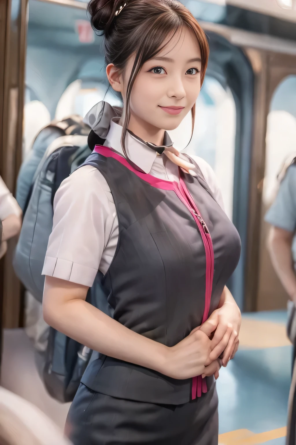 (masterpiece:1.2, Highest quality:1.2), 32k HDR, High resolution, (alone、One Girl)、(Ride the bullet train、Professional Lighting)、Background in the car、(Realistic style of JR Gran Class crew uniform)、Short sleeve blouse、a scarf around the neck、(JR Gran Class flight attendant uniform with pink parts on the skirt sleeves)、(The uniform of the flight attendants of JR Gran Class has a pink line on the front zipper of the vest..)、Dark brown hair、(Hair tied up、Hair Bun、Hair Bun)、Dark brown hair、Long Shot、Big Breasts、((Great hands:2.0)),((Harmonious body proportions:1.5)),((Normal limbs:2.0)),((Normal finger:2.0)),((Delicate eyes:2.0)),((Normal eyes:2.0)))、Luxury Necklace、smile、Beautiful standing posture,