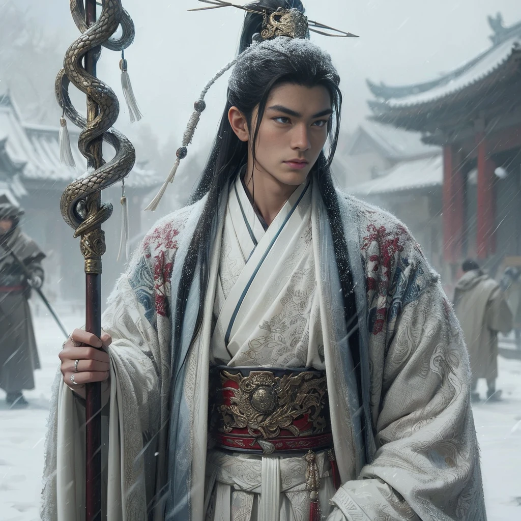 (Masterpiece:1.2), (Best Quality:1.2), (high resolution:1.2), (beautiful face and eye:1.2), (sharpest focus:1.2), (Ultra-realistic Photo:1.2), (Ultra-precise Photo:1.2), (Depth of field:1.2), (perfect anatomy:1.2), (nice hands:1.2),
(perfect hands:1.2), (five fingers:1.2), (Young, fearless, beautiful, shady Chinese man:1.0), (Lonely Chinese warrior with spear:1.0), (Neatly trimmed short beard and tied hair:1.0), (Blazing Chinese period drama style fortress:1.0),
(long spear with serpentine blade and ornate decoration:1.0), (white tsubakuhiro cap and cloak:1.0), (white armor with red, blue, and yellow coloring:1.0), (snowstorm:1.0), (melancholy expression:1.0), (picturesque standing figure:1.0),