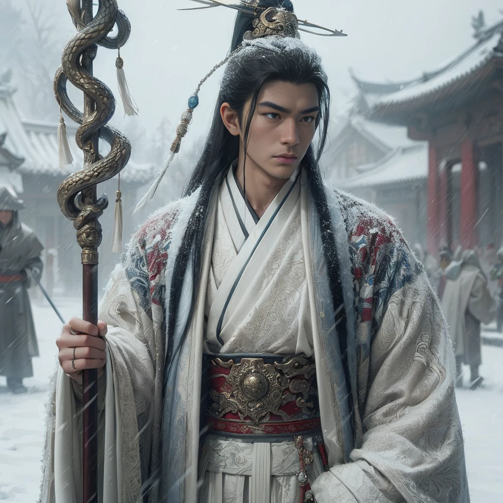 (Masterpiece:1.2), (Best Quality:1.2), (high resolution:1.2), (beautiful face and eye:1.2), (sharpest focus:1.2), (Ultra-realistic Photo:1.2), (Ultra-precise Photo:1.2), (Depth of field:1.2), (perfect anatomy:1.2), (nice hands:1.2),
(perfect hands:1.2), (five fingers:1.2), (Young, fearless, beautiful, shady Chinese man:1.0), (Lonely Chinese warrior with spear:1.0), (Neatly trimmed short beard and tied hair:1.0), (Blazing Chinese period drama style fortress:1.0),
(long spear with serpentine blade and ornate decoration:1.0), (white tsubakuhiro cap and cloak:1.0), (white armor with red, blue, and yellow coloring:1.0), (snowstorm:1.0), (melancholy expression:1.0), (picturesque standing figure:1.0),