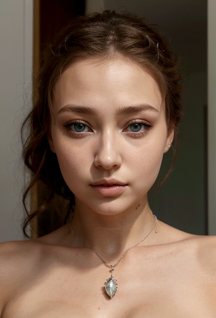 femme arafée avec un bikini blanc et un collier, corps entier, fille sexy aux yeux verts, portrait sophie mudd, cheveux bruns et grands yeux, selfie d'une jeune femme, yeux de la chambre, violette myers, sans maquillage, maquillage naturel, regarder directement la caméra, visage avec artgram, maquillage subtil, Superbe photo de tout le corps, yeux verts perçants