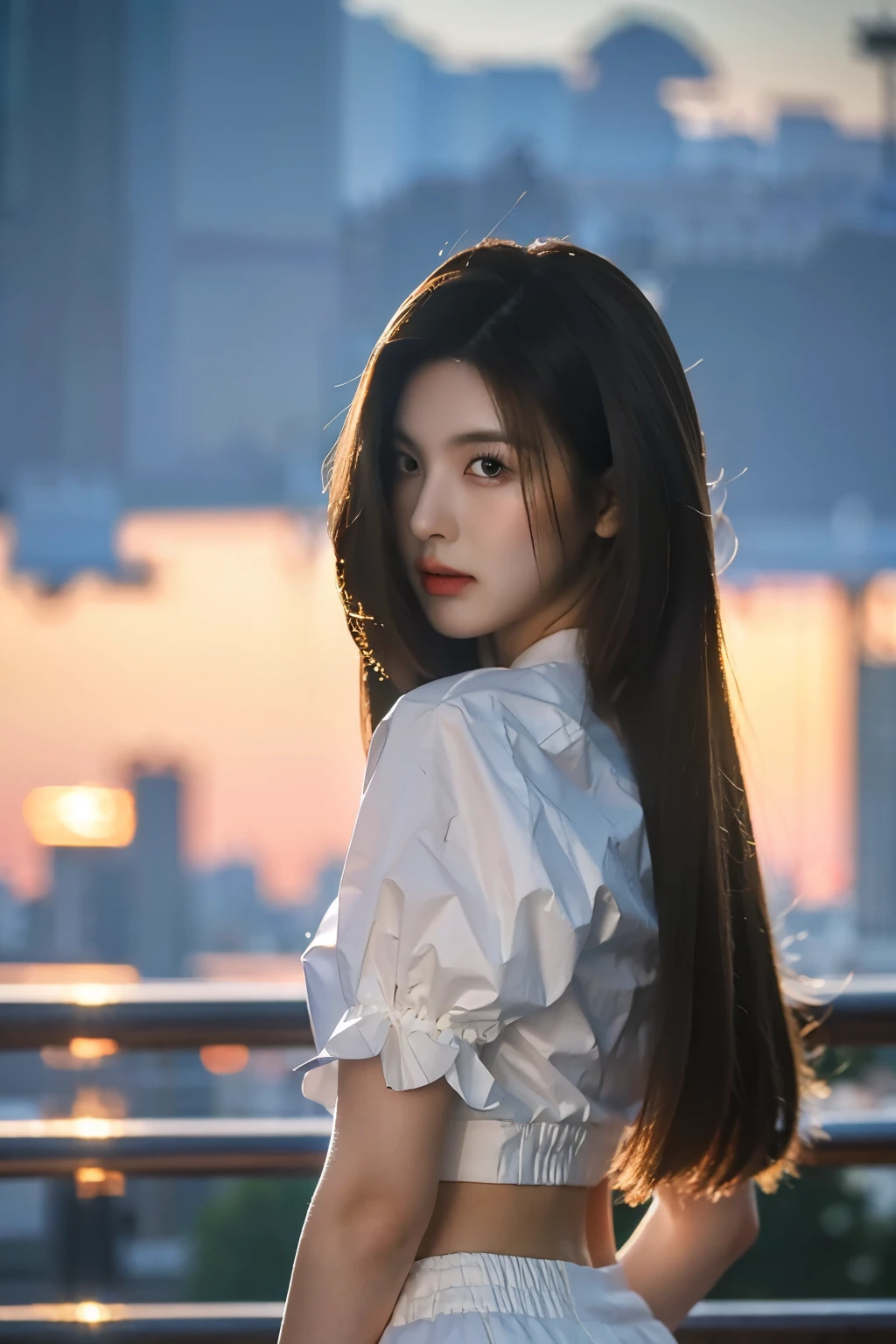 (8k, 4k, best quality, highres, ultra high res:1.1), (masterpiece, realistic, photo-realistic), 1girl, a nmixxbae, perfect eyes, cropped top, shirts, Korean style, (looking at viewer), perfect face, perfect body, (extremely detailed face), close up photo, ((standing against a city skyline at evening)), beauty:1.1