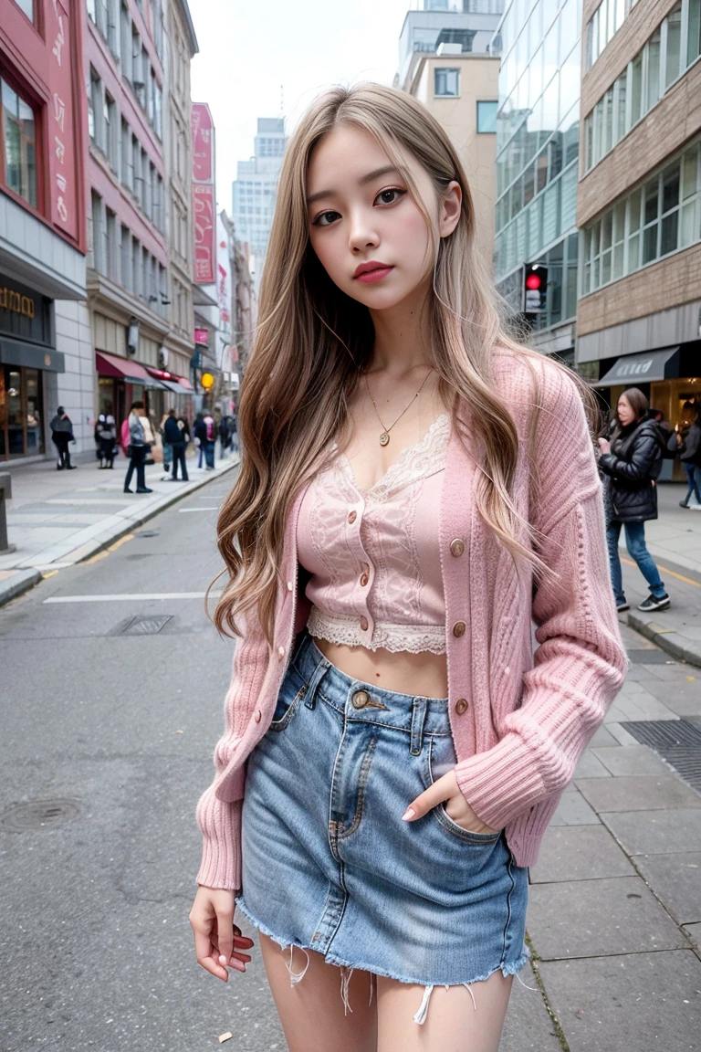 Design an image of a young woman in pink lace underwear and a gray cardigan, standing on a city street. Her long straight hair and serious look should be highlighted, with an urban background including buildings and street signs.