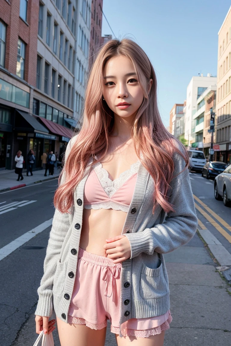Design an image of a young woman in pink lace underwear and a gray cardigan, standing on a city street. Her long straight hair and serious look should be highlighted, with an urban background including buildings and street signs.