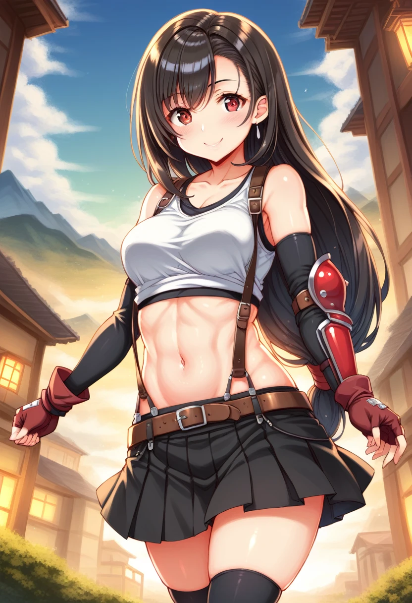 (score_9,score_8_up,score_7_up,score_6_up,score_5_up,score_4_up), BREAK ,from front,(dynamicangle,dynamicpose),upperbody,looking_at_viewer ,1girl, tifa lockhart, final fantasy, tareme,black hair, low-tied long hair, red eyes,wide-eyed, bangs, (white tank top, belt, pleated skirt, thighhighs, elbow fingerless gloves, elbow pads, midriff, navel,suspender skirt) ,large_breasts,(light smile),,,Solo,,(daytime and outdoor and mountain),hyper detailed,beautiful,great lighting,  perfect hands, detailed shadows,anime artwork, anime style, key visual, vibrant, studio anime,HDR,highly detailed,anime coloring, masterpiece, best quality,best aestethic, absurdres,,professional lighting,cinematic lighting,rule of odds