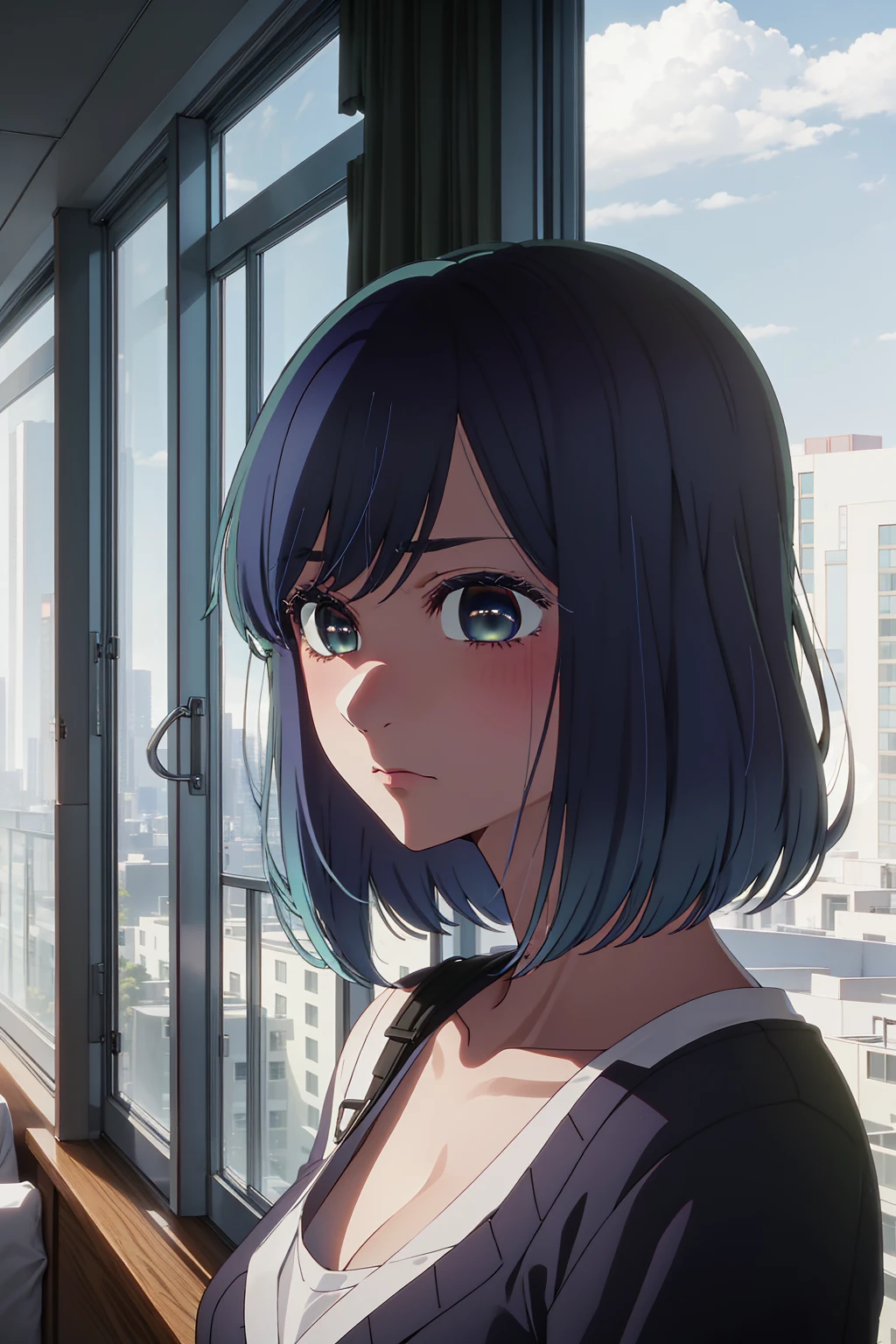 akane kurokawa,naked,rock,Blue Hair,naked,hot,sexy,beautiful,Perfect body,One Girl,big ,masterpiece,Perfect Face,Expressive Face,naked,night、Lying on a bed by the window in a high-rise building,Atmospheric lighting、Sad face