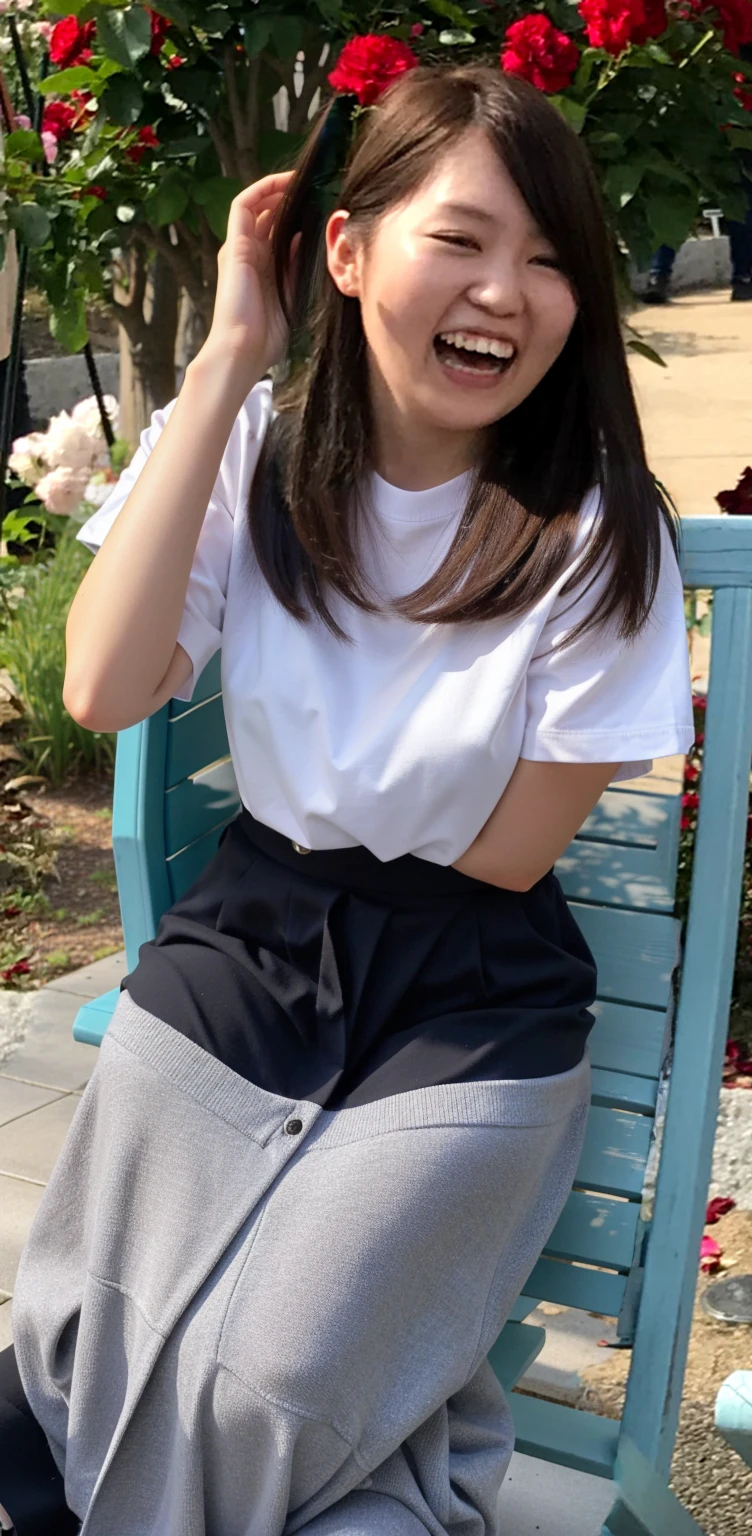 (spread legs:1.4), Photo taken by a professional photographer,laughter:1.5,Close-up of a woman squatting on the sidewalk, wearing a sweater, Short-cut brown hair, hair is disheveled,young and cute girl, Wearing a super super super super super super super mini skirt:1.5,Wear stylish boots,sit on a park bench:1.5,Fancy makeup with red eyeshadow,Beautiful thighs are visible,I can see white panties,looking at the camera,