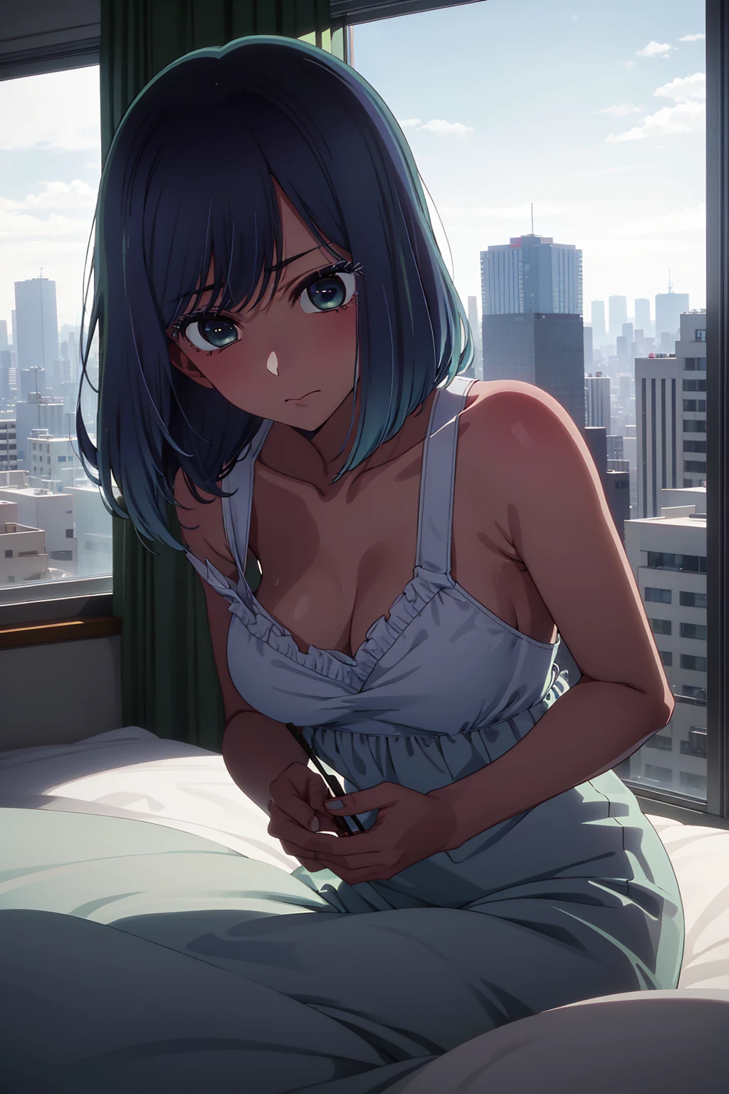 akane kurokawa,naked,rock,Blue Hair,naked,hot,sexy,beautiful,Perfect body,One Girl,big ,masterpiece,Perfect Face,Expressive Face,naked,night、Lying on a bed by the window in a high-rise building,Atmospheric lighting、Sad face