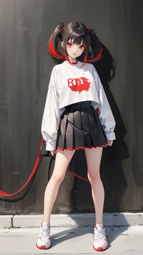 Girl in shorts (pleated yoke skirt), clothes red and black, Twin-Tail hair white-red, in a beautiful inscription on the wall background. Full length 2D wallpaper.