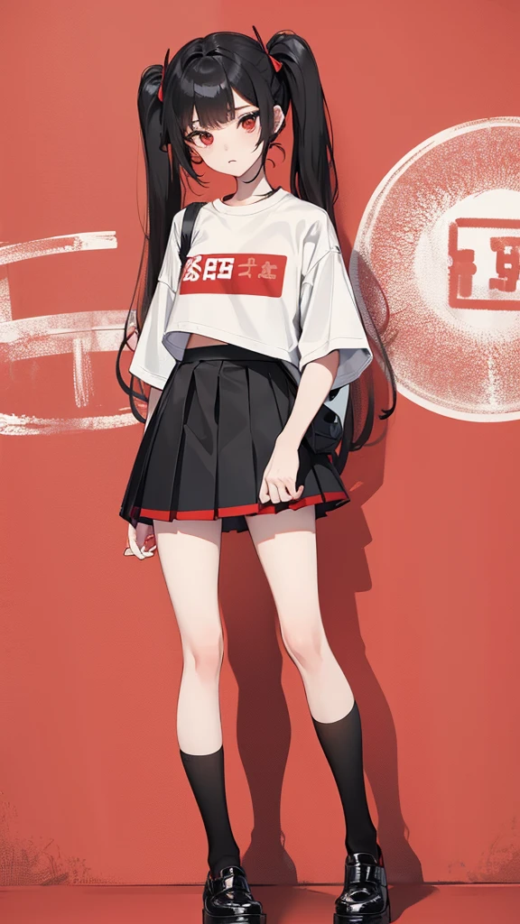 Girl in shorts (pleated yoke skirt), clothes red and black, Twin-Tail hair white-red, in a beautiful inscription on the wall background. Full length 2D wallpaper.