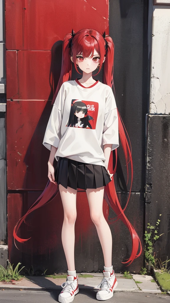 Girl in shorts (pleated yoke skirt), clothes red and black, Twin-Tail hair white-red, in a beautiful inscription on the wall background. Full length 2D wallpaper.