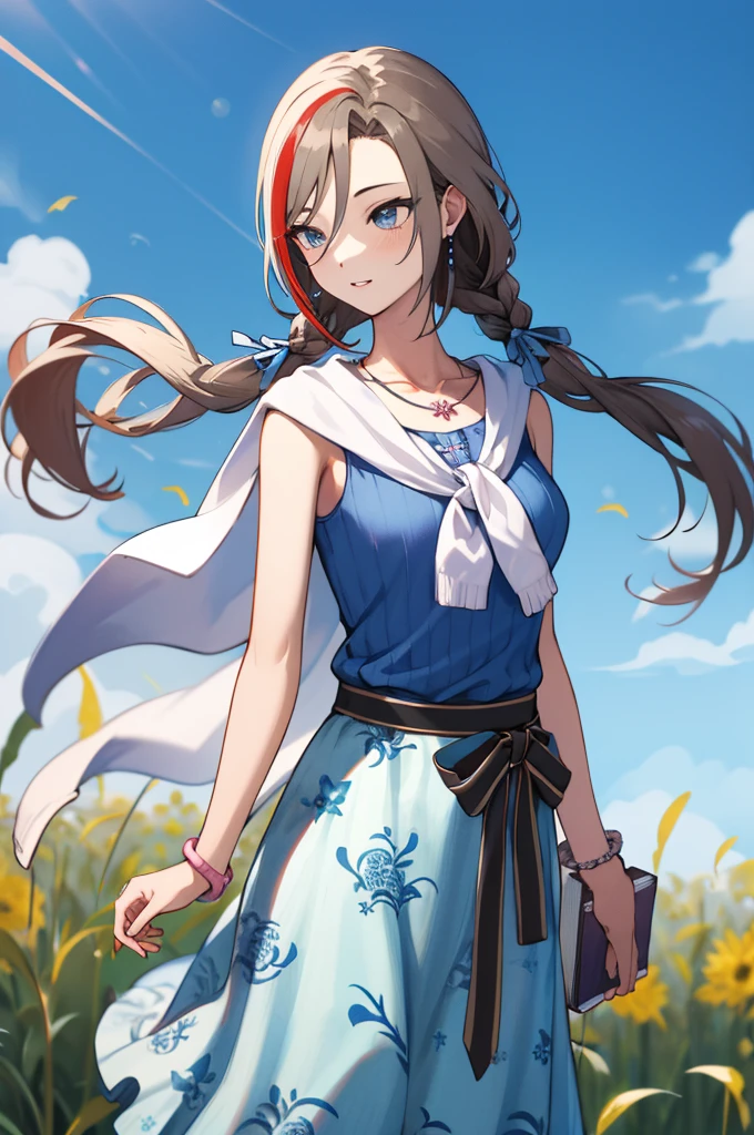 masterpiece, best quality, highres, aanatsume, long hair, multicolored hair, twin braids, hair ribbon, blue ribbon, hair over shoulder, earrings, medium breasts, collarbone, necklace, stole, blue shirt, sleeveless, bracelet, sash, black ribbon, floral print, blue skirt, standing, cowboy shot, outdoors, field, blue sky, holding book, book