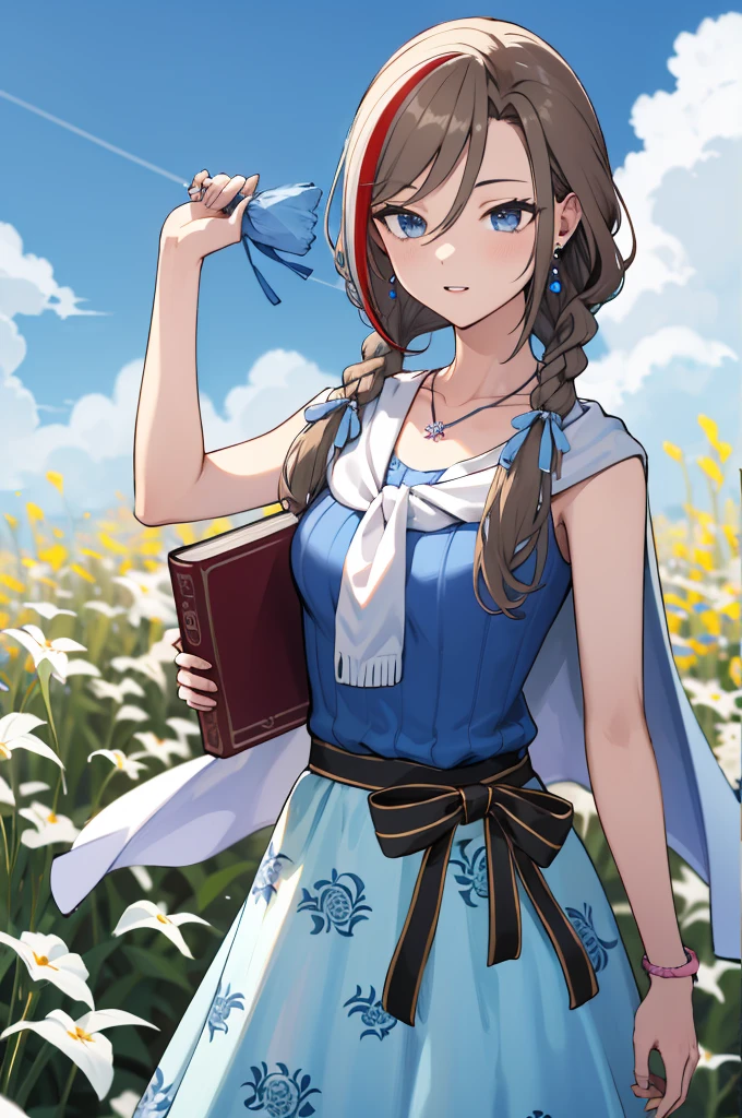 masterpiece, best quality, highres, aanatsume, long hair, multicolored hair, twin braids, hair ribbon, blue ribbon, hair over shoulder, earrings, medium breasts, collarbone, necklace, stole, blue shirt, sleeveless, bracelet, sash, black ribbon, floral print, blue skirt, standing, cowboy shot, outdoors, field, blue sky, holding book, book