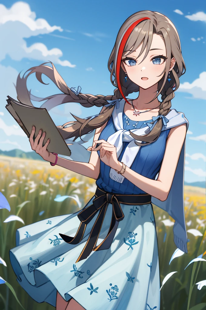 masterpiece, best quality, highres, aanatsume, long hair, multicolored hair, twin braids, hair ribbon, blue ribbon, hair over shoulder, earrings, medium breasts, collarbone, necklace, stole, blue shirt, sleeveless, bracelet, sash, black ribbon, floral print, blue skirt, standing, cowboy shot, outdoors, field, blue sky, holding book, book