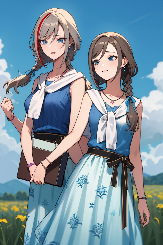 masterpiece, best quality, highres, aanatsume, long hair, multicolored hair, twin braids, hair ribbon, blue ribbon, hair over shoulder, earrings, medium breasts, collarbone, necklace, stole, blue shirt, sleeveless, bracelet, sash, black ribbon, floral print, blue skirt, standing, cowboy shot, outdoors, field, blue sky, holding book, book