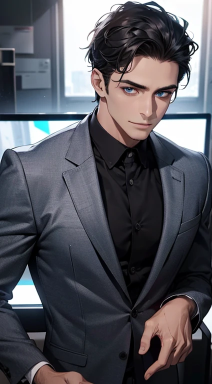 (best quality,4k,8k,highres,masterpiece:1.2),ultra-detailed,(realistic,photorealistic,photo-realistic:1.37),1 man,31 years old,mature man,very handsome,without expression,smile,short grey black hair,blue eyes,penetrating gaze,perfect face without errors,imposing posture,businessman,office background,cinematic lighting,hdr image