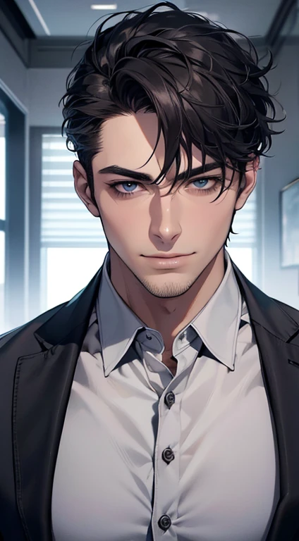 (best quality,4k,8k,highres,masterpiece:1.2),ultra-detailed,(realistic,photorealistic,photo-realistic:1.37),1 man,31 years old,mature man,very handsome,without expression,smile,short grey black hair,blue eyes,penetrating gaze,perfect face without errors,imposing posture,businessman,office background,cinematic lighting,hdr image
