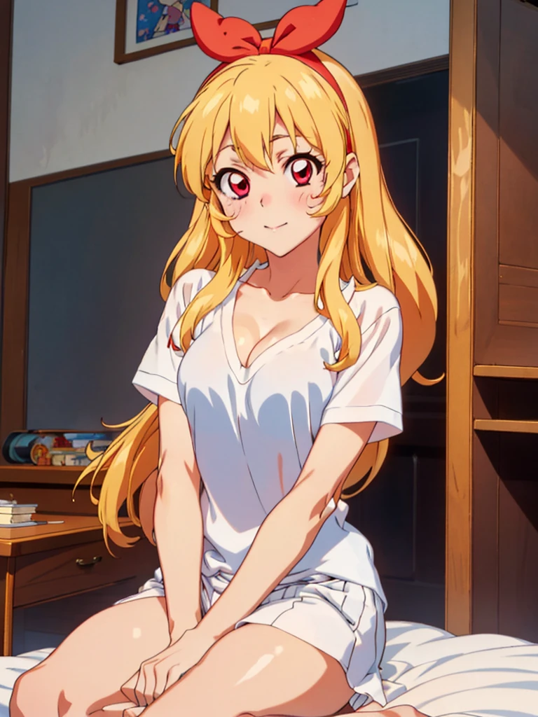 , ((beautiful)), ((masterpiece)), ((best quality)), (extremely detailed face), perfect lighting, highres, 8k, wallpaper, backlit, (absurdres), (ultra detailed, 8K, ultra highres:1.2), BREAK,(RED Ribbon on HAIRband:1.2),Blonde HAIR,smile,navel,groin,denim shorts,loose clothes,shirt pull:1.4,shorts pull:1.4,A fashionable female ,dressed in a casual yet stylish outfit,browsed the racks of clothes at the department store. She hummed a tune to herself as she examined the various accessories and small items on display. Her outfit consisted of a pair of ripped denim shorts paired with a loose, camisole and a pair of sneakers. She accessorized with a small, silver bracelet on her wrist. As she shopped, the girl couldn't help but be drawn to the various colorful and glittering items in the store. She picked up a pair of cute, heart-shaped earrings and a matching necklace,admiring them in the bright, fluorescent lighting,Ichigo Hoshimiya (Aikatsu!),from below,squatting,groin_focus,