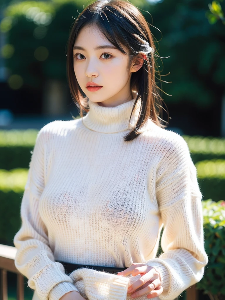 1girl,best quality,masterpiece,illustration,an extremely delicate and beautiful,CG,unity,8k wallpaper,Amazing,finely detail,masterpiece,official art,extremely detailed CG unity 8k wallpaper,incredibly absurdres,huge filesize,ultra-detailed,highres,extremely detailed,beautiful detailed girl,realistic,outdoors,(turtleneck_sweater:1.4), looking viewer,