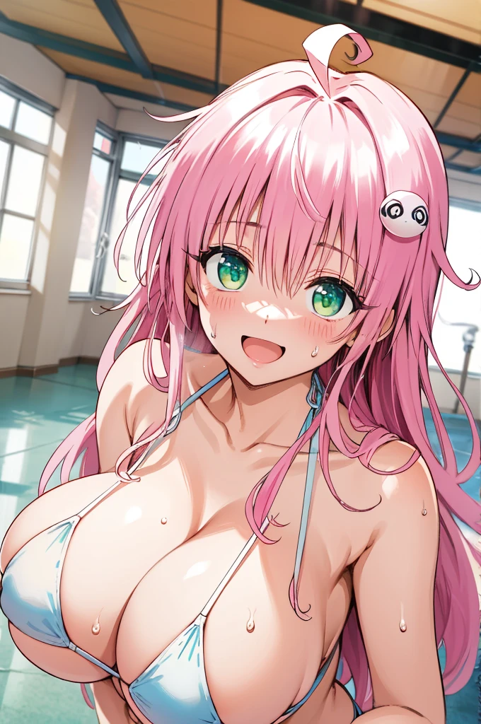 masterpiece, best quality, highres, aalala, long hair, ahoge, hair ornament, green eyes,pink, , (((huge breasts))), bikini,,looking viewer,indoor,,smile,,open mouth,sweating