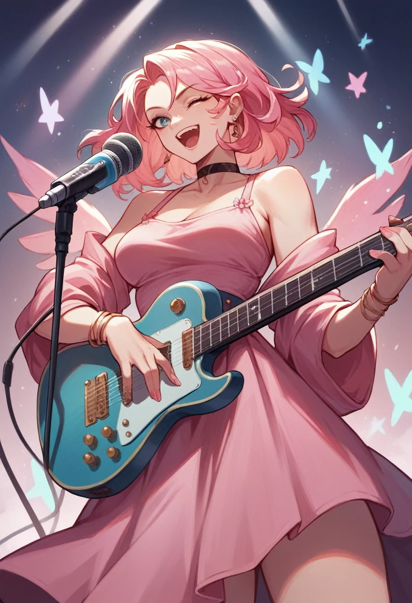 A woman,Wearing a pink dress,Holding a blue guitar and singing into a microphone,HD 4k
