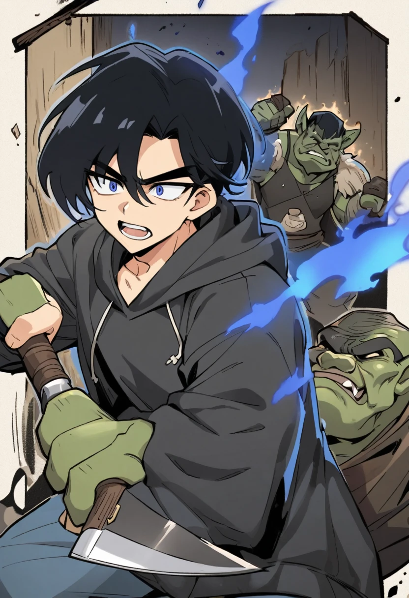 a young man with blue and black hair and wearing a black hoodie is emitting dark blue aura as he is holding a knife in front of a orc . Manhwa style.