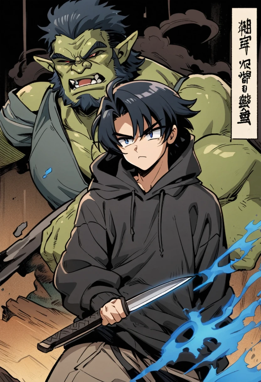 a young man with blue and black hair and wearing a black hoodie is emitting dark blue aura as he is holding a knife in front of a orc . Manhwa style.