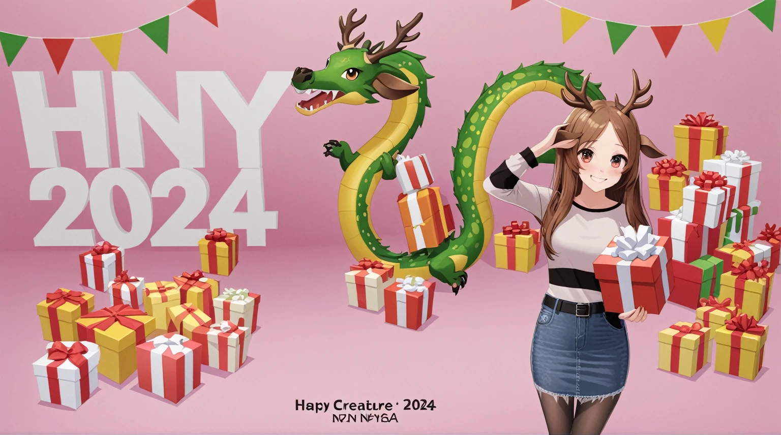 1girl, cute young woman, long sleeve shirt, denim skirt, smiling, holding a giftbox, hat with deer horn, BREAK, 1creature, dragon, giftboxes, "HNY 2024", realistic anime illustration