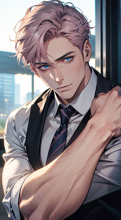 (best quality,4k,8k,highres,masterpiece:1.2),ultra-detailed,(realistic,photorealistic,photo-realistic:1.37),1 man,31 years old,mature man,very handsome,without expression,smile,short grey pink hair,blue eyes,penetrating gaze,perfect face without errors,imposing posture,businessman,office background,cinematic lighting,hdr image