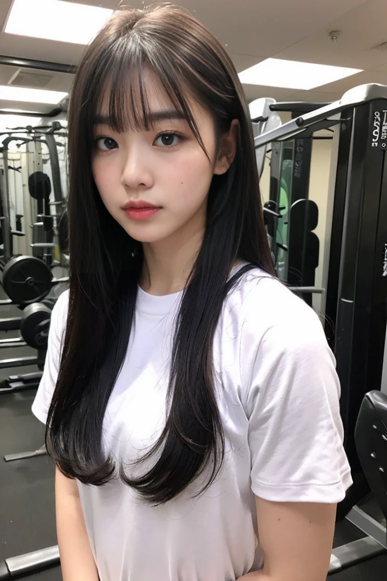 Head-to-toe portrait、alone、high school girl、Natural body shape、White skin、Natural Makeup、Black Hair、bangs、Straight Long Hair、((School-designated gym clothes))((White gym clothes for the upper body、Long hem))、((I'm not wearing anything on my lower body))、(((The hem of her gym uniform is rolled up to her chest.)))、Big Breasts、((The upper body is wearing gym clothes))、((locker room))、Looking into the camera、、Full body photo、Focus on the groin、Exposing her pussy、((barefoot、Show the soles of your feet、Raise your knees and spread your legs))、(Sitting on a white gymnastics mat)、(((Five beautiful toes)))