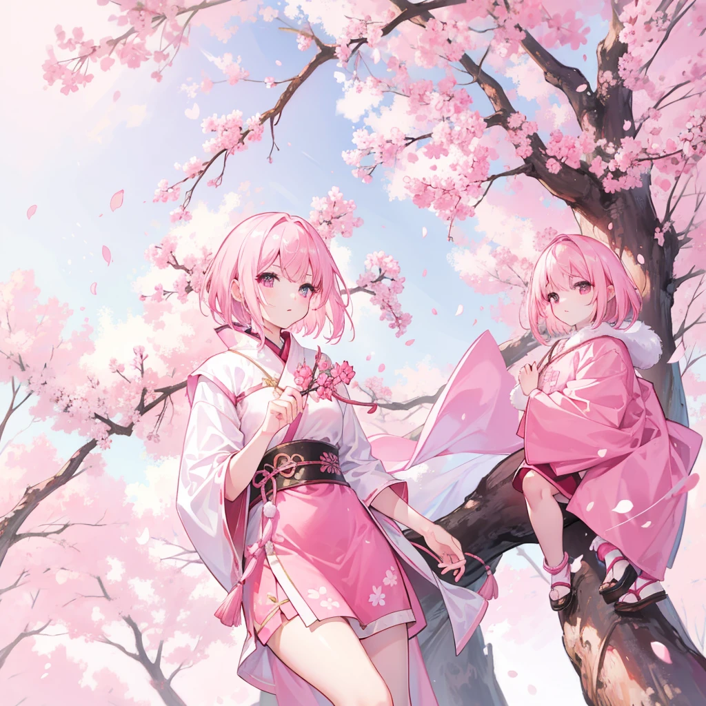 Pink straight hair,short hair, Wearing pale pink Han national costume,Holding a branch of cherry blossoms,background, Beautiful cherry blossom trees are in full bloom,She is a kind person, cute, Slender and cute girl