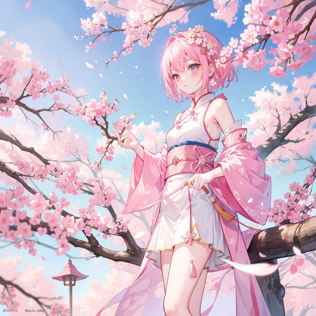 Pink straight hair，short hair, Wearing pale pink Han national costume，Holding a branch of cherry blossoms，background, Beautiful cherry blossom trees are in full bloom，She is a kind person, cute, Slender and cute girl