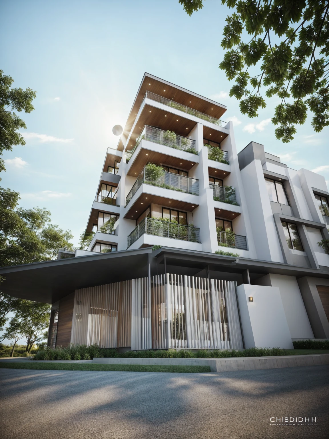 Minimalist architecture, the main materials of the house include white walls, blue concrete effect walls, Realistic images, extremely detailed, a modern house, 1 road in font of house, large yard made by ceramic, (1 car), brick fence, lawn, a few small flowers, a road in front of the house, main materials of the house are white walls and red brick, Modern design, clear blue sky, sunrise light, light from inside, dynamic light,shimering light, cinematic light, romantic feeling, (((day light, warm light)))