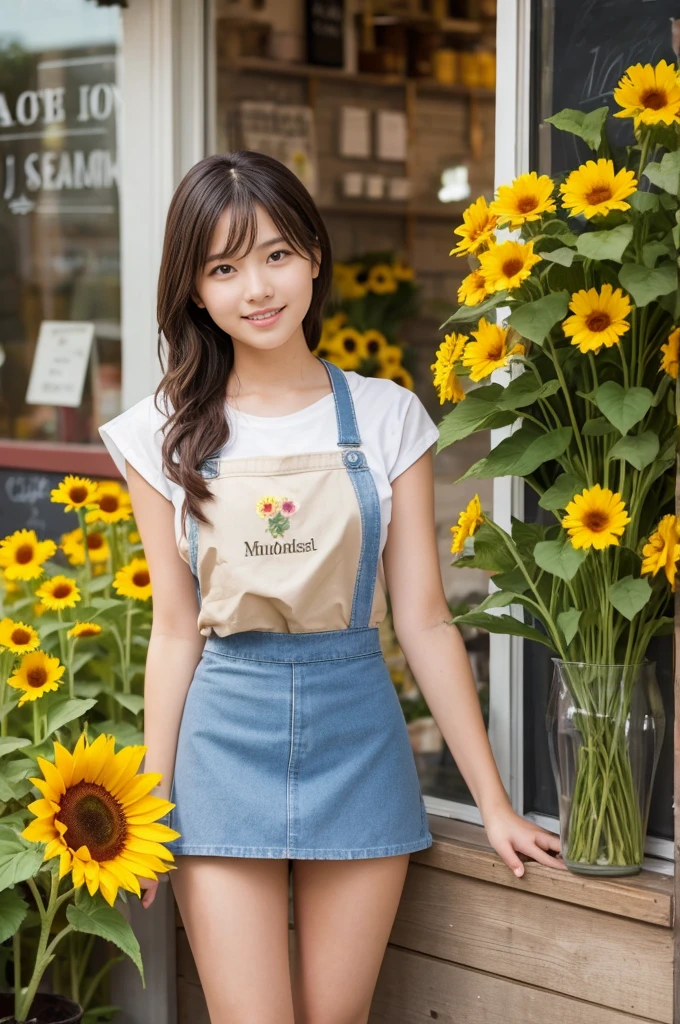 A 20-year-old girl working at a flower shop(Wearing a miniskirt and apron)have a sunflower