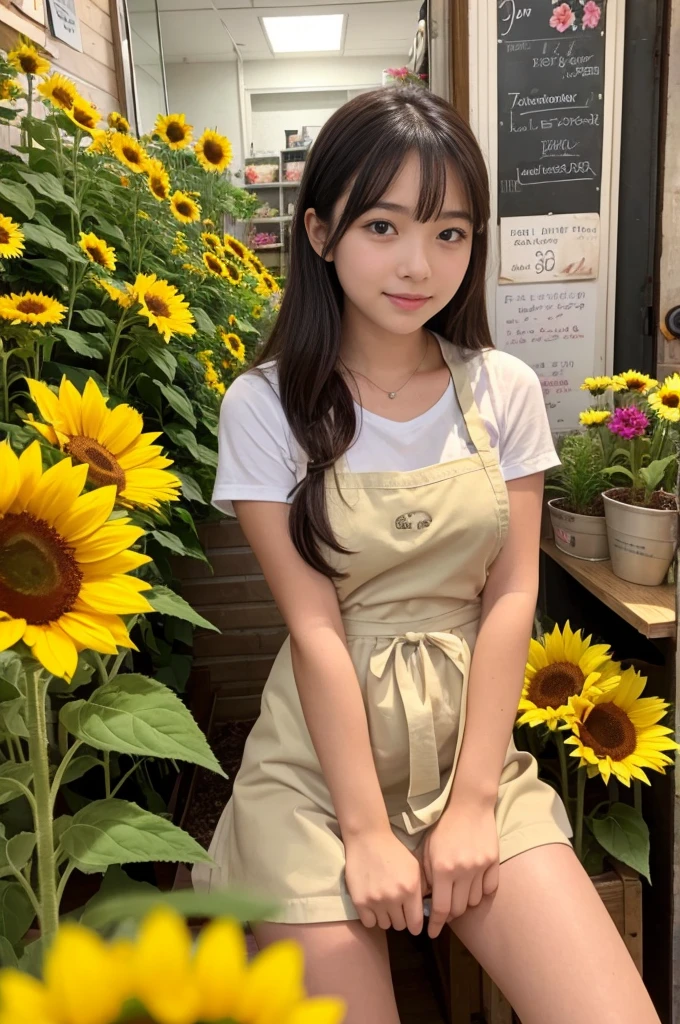 A 20-year-old girl working at a flower shop（Wearing a miniskirt and apron）have a sunflower