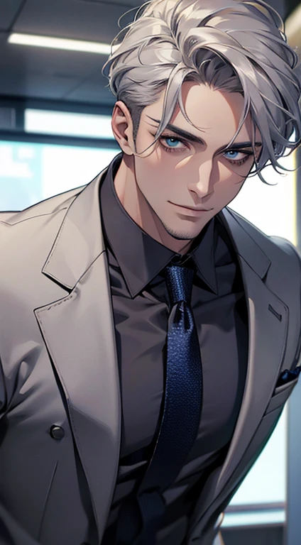 (best quality,4k,8k,highres,masterpiece:1.2),ultra-detailed,(realistic,photorealistic,photo-realistic:1.37),1 man,31 years old,mature man,very handsome,without expression,smile,short grey silver hair,blue eyes,penetrating gaze,perfect face without errors,imposing posture,businessman,office background,cinematic lighting,hdr image