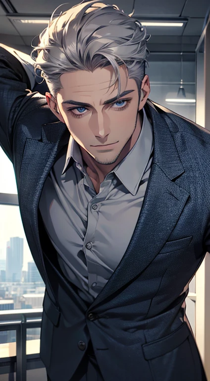 (best quality,4k,8k,highres,masterpiece:1.2),ultra-detailed,(realistic,photorealistic,photo-realistic:1.37),1 man,31 years old,mature man,very handsome,without expression,smile,short grey silver hair,blue eyes,penetrating gaze,perfect face without errors,imposing posture,businessman,office background,cinematic lighting,hdr image