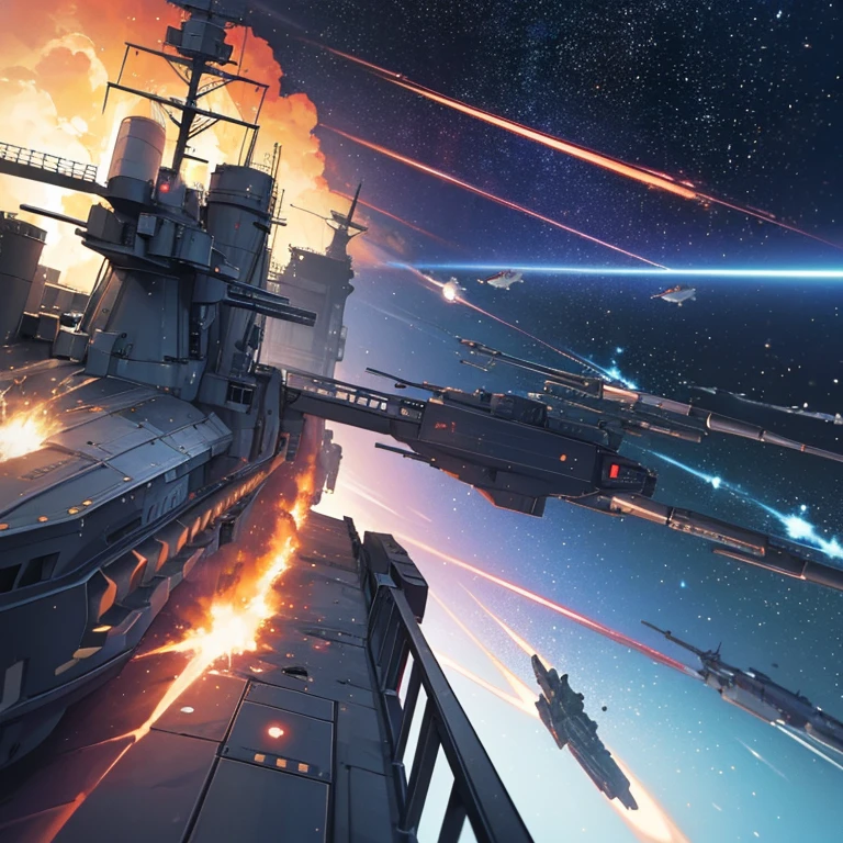 (masterpiece, Highest quality, shape, Subtle details, 8K:1.2),(非常に詳細な3D CG ユニティ 8K 壁紙), (Highest quality), (Best illustrations),(Illustration of tens of thousands of enemy space battleships visible ahead),(View from the bridge of a battleship:1.2),(Heavy gunfire),(Countless exploding space battleships),(Tens of thousands of space battleships flying through space),(Random Shooting),(Space War:1.2)