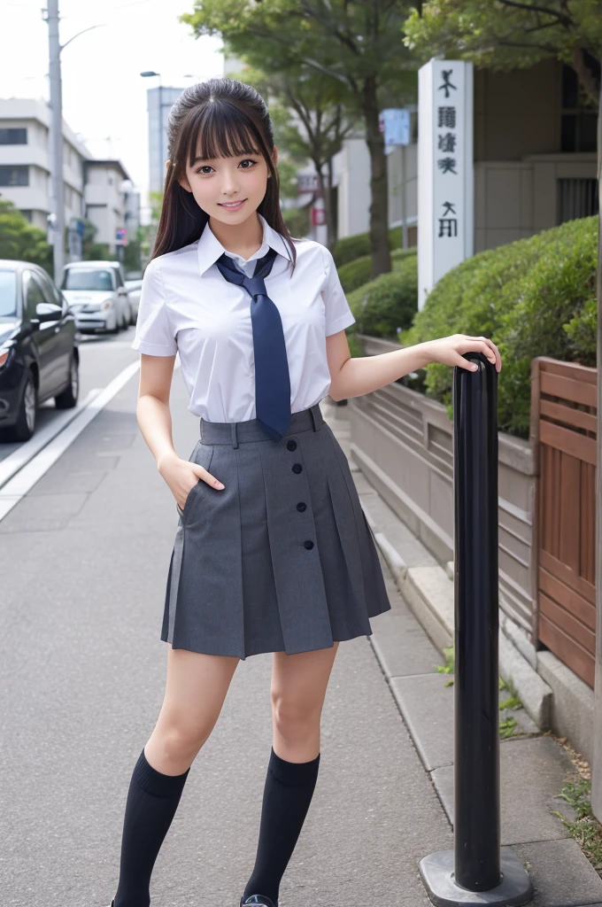 Highest quality masterpiece high resolution Japan Cute Girl uniform Hand lifts skirt Show your pants