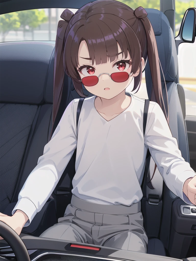 In the car,Convertible,Sitting,((Behind the wheel of a car)),Looking Ahead,driving,1 Girl, 独奏, Red eyes,((Wearing sunglasses)),, Twin tails, brown hair,crawling,((顔 focus)),upper body,White long sleeve shirt,Grey slacks, bangs, eyebrows visible through hair, Flat Chest,