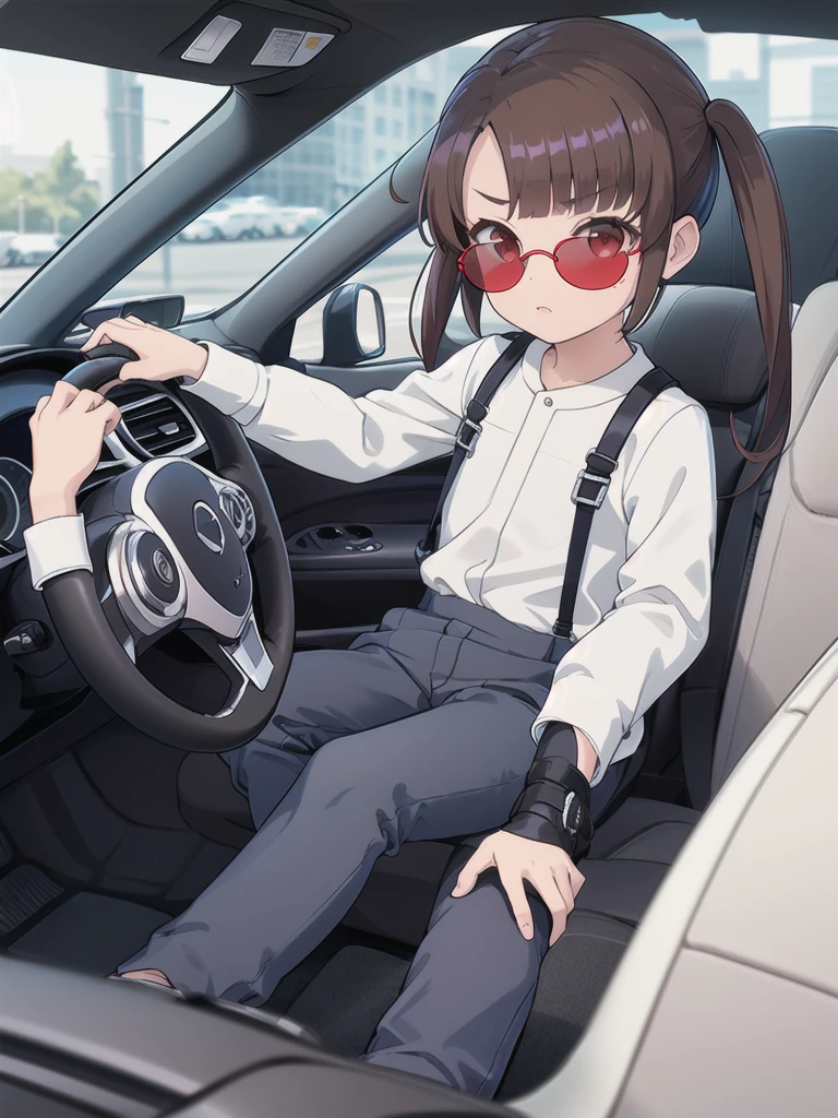 In the car,Convertible,Sitting,((Behind the wheel of a car)),Looking Ahead,driving,1 Girl, 独奏, Red eyes,((Wearing sunglasses)),, Twin tails, brown hair,crawling,((顔 focus)),upper body,White long sleeve shirt,Grey slacks, bangs, eyebrows visible through hair, Flat Chest,